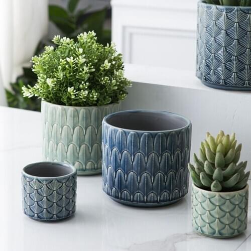 Nordic Ceramic Vase INS Green Flower Pot Desktop Gardern Plants Blue Embossed Home Decor Living Room Decoration вазы декор дома