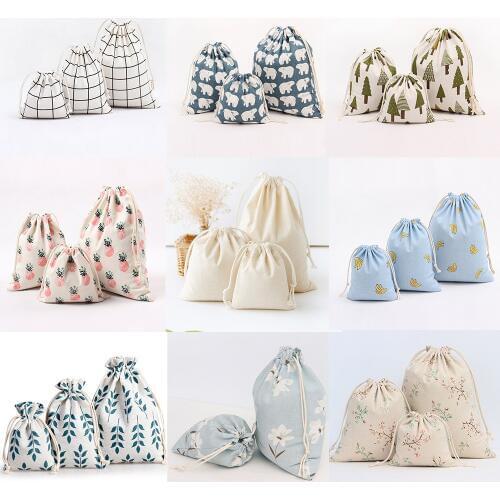 Fashion Fresh Fabric Cotton Linen Travel Drawstring Tote Flower Print Storage Bag Organizer Bag For Underwear Toy Storage Bag