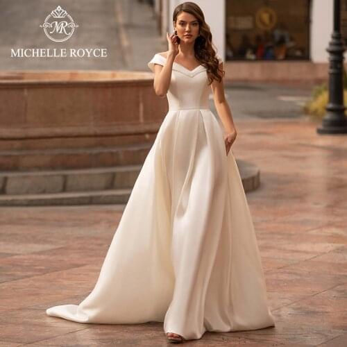 Michelle Royce A-Ling Wedding Dresses 2021 V-Neckline Short Sleeve Elegant Button Chapel Train Bridal Gowns Vestido De Noiva