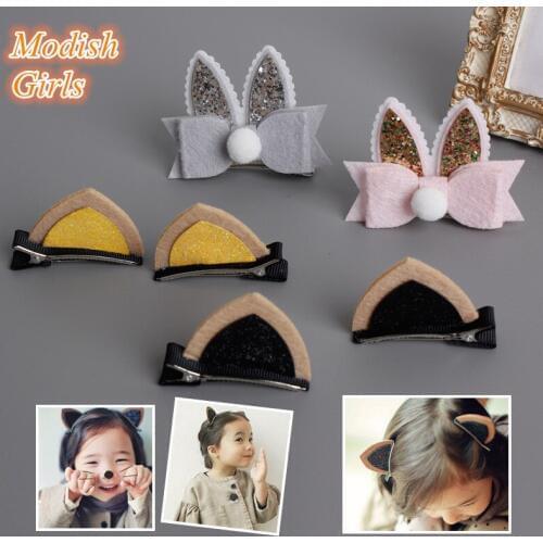 Hotsale 20pcs/lot Gold Glitter Rabbit Ear Hair Clip Pink Glitter Felt Hair Bow Barrette Pom Cute Girls Lovely Animal Ear Hairpin