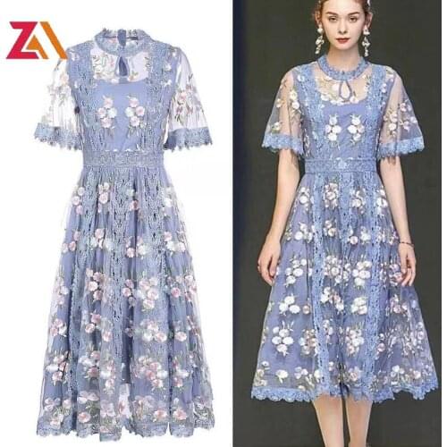 ZALady Designer Runway Summer Elegant Midi-long Dresses For Women Embroidery Mesh Lace Up Short Sleeve Party Evening Dress robes
