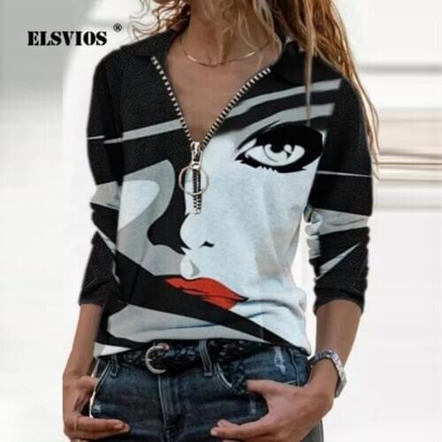 Autumn Winter New Abstract Figures Print Blouse Zipper Lapel Long Sleeve Plus Size Women Top New Fashion Lady Streetwear Blouses