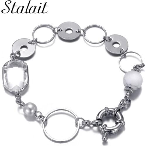 White Stone Bracelets For Women Transparent Clear Square Crystals Hollow Circle Pearl Chain Charms Bracelet New Arrival