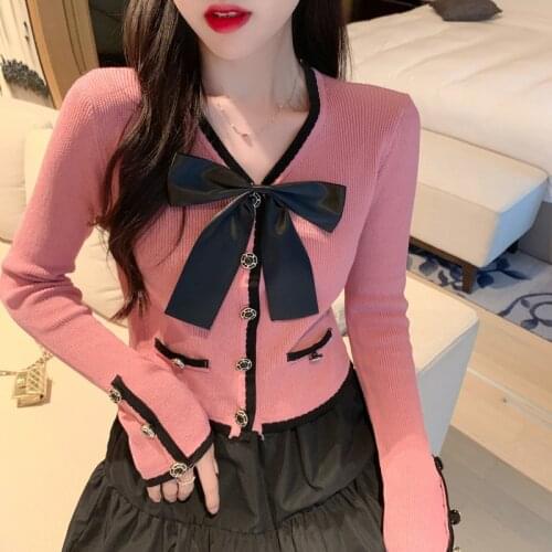 Sueters De Mujer Temperament Retro Autumn V Neck Bow Pink Cardigan Knitted Coat Slim Hit Color Long Sleeve Knit Sweater Top