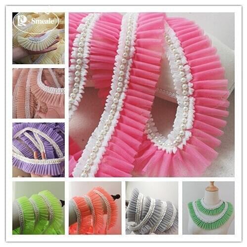 3M-5M/Lot White Pink Chiffon Beaded Lace Trim Diy Handmade Wedding Dress Clothes Accessory Decoration Lace Fabric 6cm WideRS1674