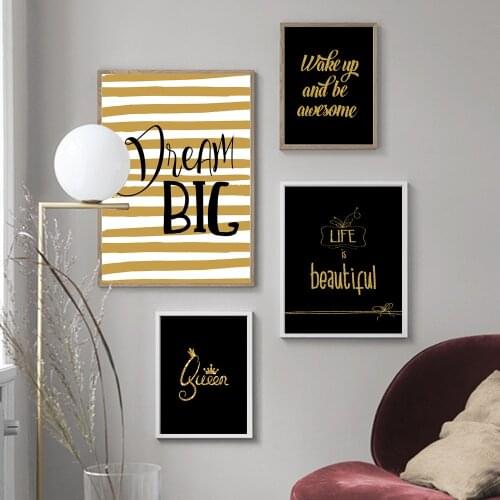 Dream Big Beautiful Quote Golden Glittering Wall Art Canvas Painting Nordic Posters and Prints Wall Picture Baby Kids Room Decor