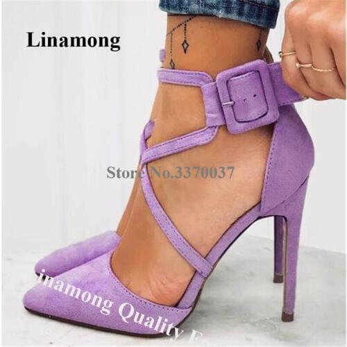 Elegant Women Pointed Toe Suede Leather Stiletto Heel Pumps Strap Cross Buckle Purple High Heels Formal Dress Shoes