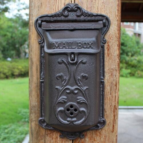 European Vintage Home Garden Decor Middle Size Heavy Sturdy Cast Iron Wall Mounted Mail Box Rustic Metal Wall Decor Letter Box