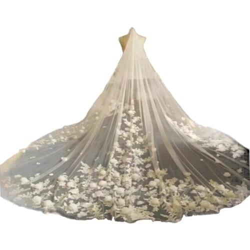 TOPQUEEN V52 Floral Wedding Veil Bride Cathedral Droped Veu Long Bride 5 Meters with 3d Flowers Cathedral Mantilla Bridal Veil