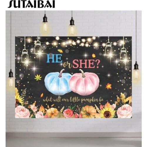 Gender Reveal Party Background He or She What Will Our Little Pumpkin Be Boy or Girl Sunflower Glitter Backdrop Photography