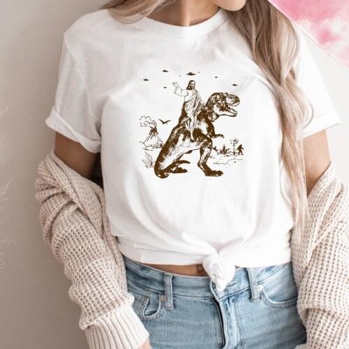 Jesus Riding Dinosaur T Shirt Funny Tee Vintage Women Novelty Ride on T-Rex Womens T-shirt Girls Darwinian Evolutionary Atheism