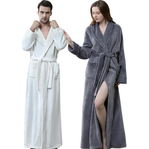 Men Extra Long Plus Size Thick Flannel Winter Warm Bathrobe Waffle Kimono Bath Robe Women Male Dressing Gown Coral Fleece Robes