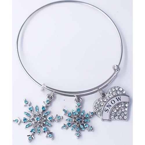 Beautifully transparent rhinestone crystal inlaid heart SNOW Snowflake metallic pendant bracelet for adjustable wire bang