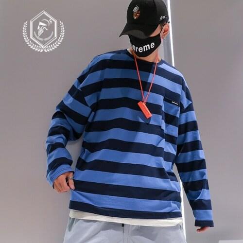 Men Fashion Loose Stripe Print Casual Pullover Hip Hop T-shirt