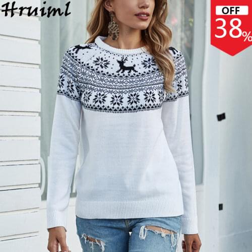 Casual White Sweater Women Deer Snowflake Print Long Sleeve O Neck Autumn Pullovers Oversized Sweater Winter Clothes Women 2020