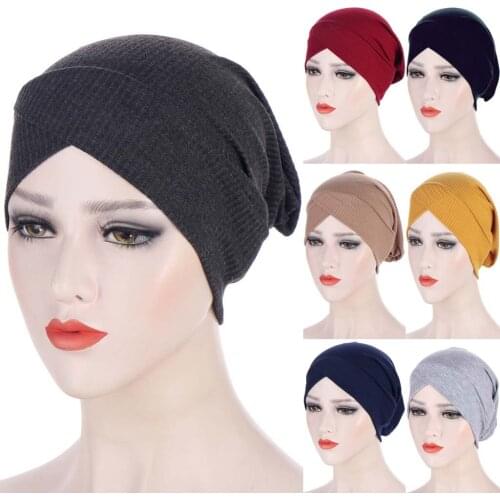 Knitted Elastic Women Jersey Inner Hijab Forehead Crossed Headband on the Head Easy Cap Muslim Turban Hair Accessories Chemo Hat