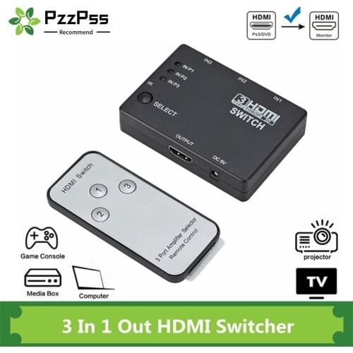 PzzPss HDMI Switcher 3 In 1 Out 3 Ports Hub Box Auto Switch 1080p HD 1.4 With Remote for HDTV XBOX360 DVD Projector