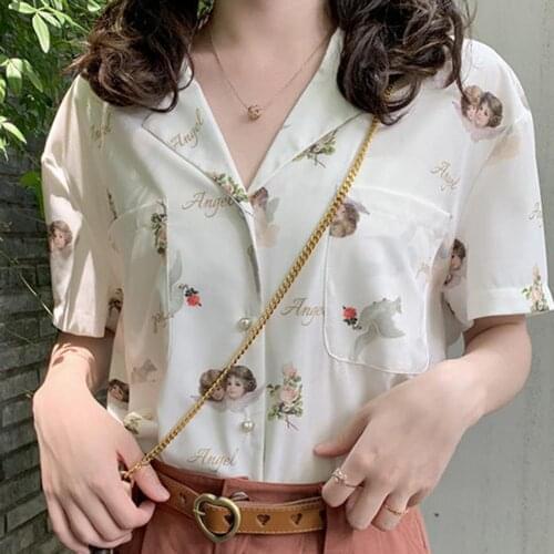 2021 Fashion Short Sleeve Shirt Shirt Printed Buttons Women Loose Short Sleeve Blouse for Dating Vintage Summer Blouse