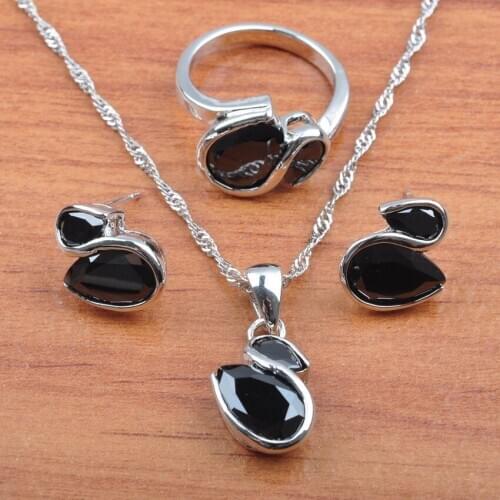 Silver Color Jewelry Set Black Crystal Party Jewelry For Women Earrings Necklace Pendant Rings Set JS0553