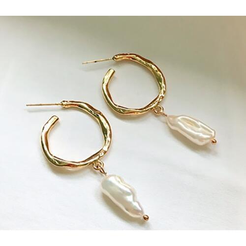 SRCOI Gold Color Metal Freshwater Pearl Hoop Earrings Silver Color Pin Geometric Circle Wedding Earrings Women Jewelry