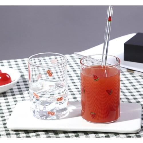 Watermelon Glass Cup with Straws Water Strawberry Blueberry Orange Banana Clear Coffee Mug High Borosilicate Pyrex Milk Juice