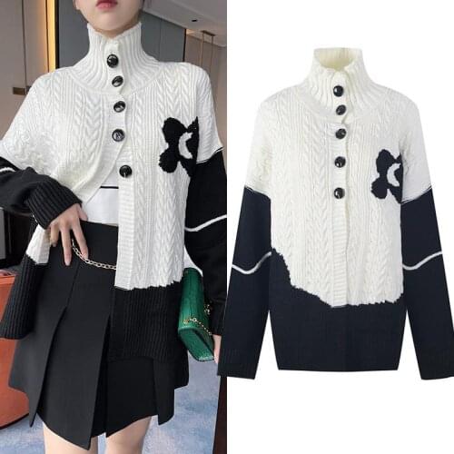 Oversize Long-Sleeved Twist Turtleneck Cardigans Fashion Flowers Black White Stitching Sweet Sweater Brand New Clothes 2021