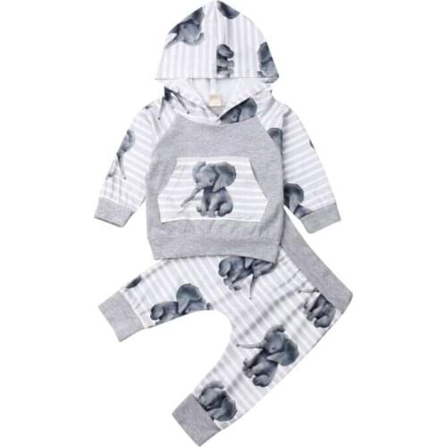 Newborn Baby Boy Elephant Animal Hooded Tops Long Pants Outfits Clothes Set 0-18 Months