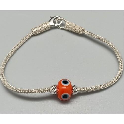 Trabzon Kazaz Wristband (Bracelet) single chain hand-knitted 1000 sterling silver with the Orange Evil Eye bead Cool Gift