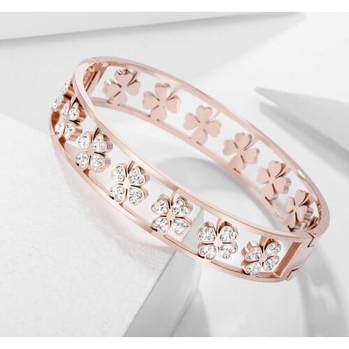 Hot New Crystal Clover Stainless Steel Bracelets Bangle Four Leaf Zircon Lucky Bilezik For Women Jewelry Gift Mujer Pulseras