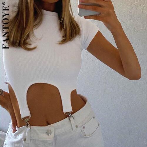 FANTOYE White Ribbed Short Sleeve Crop Top Mujer Women Summer Bodycon Solid O Neck Cami Camiso White Streetwear Ladies Tops Tee