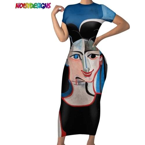 NOISYDESIGNS Creativity Abstract Painting Printing Womens Party Dress Short Sleeve Vintage Cartoon Pattern Bodycon Robe Mujer