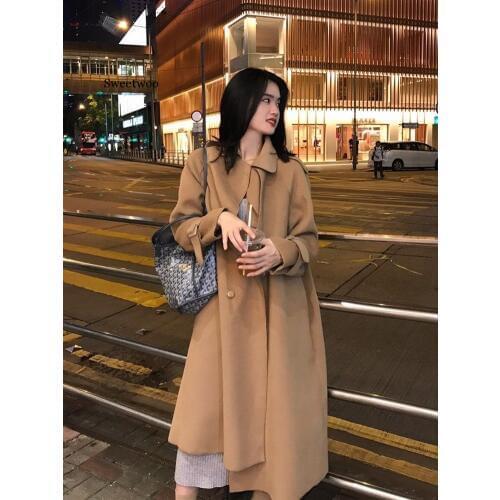 Winter new double-faced woolen waist belt coat trench coat woolen mid-length coat womenr