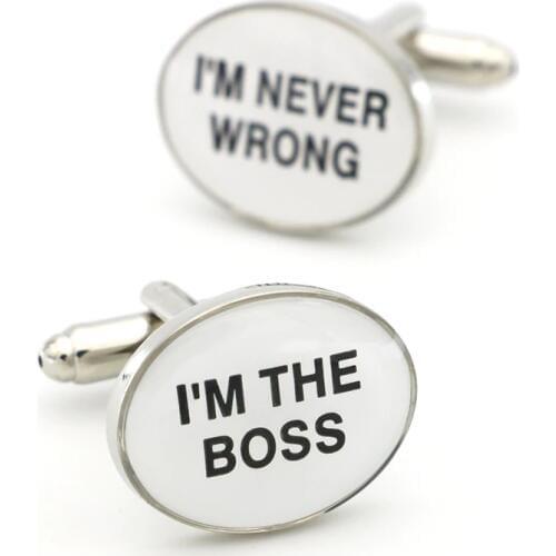 Free Shipping Mens Cufflinks I'M THE BOSS I'M NEVER WRONG Design White Color Quality Copper Cuff Links Wholesale&retail