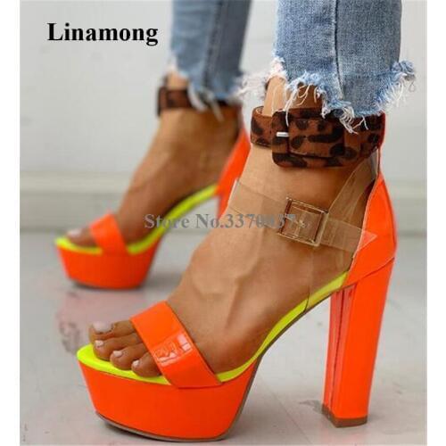 New Fashion Women Shining Orange Leather High Platform Chunky Heel Sandals Ankle Straps Buckle High Heel Sandals Dress Heels