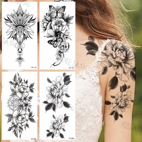 Black Dahlia Temporary Tattoos For Women Girls Henna Butterfly Flora Fake Tattoo Sticker Creative Arm Body Tatoos Summer Style