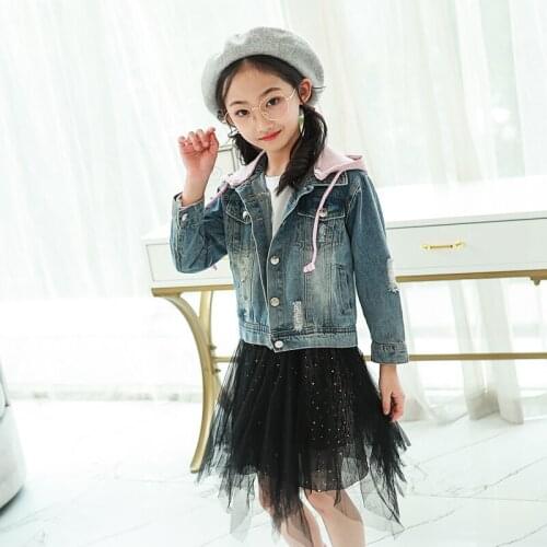5-14Years Big Girls Hole Denim Jackets Coats 2019 Children Outwear Hooded Coat Little Girl Design girls Kids Autumn Jeans Jacket