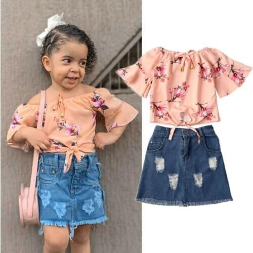 2PCS Kid Baby Girls Off Shoulder Floral Bow Shirt Ripped Hole High Waist Denim Skirt Summer Outfit Set