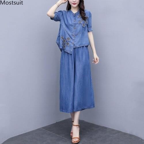 Summer Elegant Dinem 2 Piece Set Women Puls Size Loose Single Breasted Applique Tops + Wide Leg Jeans Pants Outfits Tracksuit