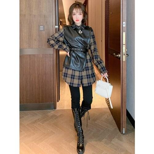 Fashionable design sense PU leather stitching retro plaid fashionable western style fake two-piece shirt women 2020 winter new