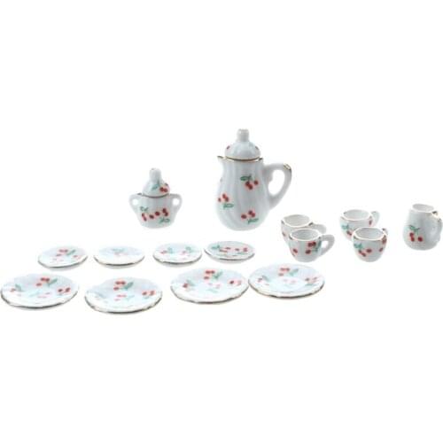 Set of 15pcs 1/12 Dollhouse Miniature Dining Ware Porcelain Tea Set---Red Cherry