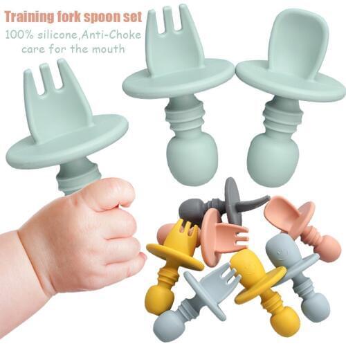 Baby Feeding Spoon Fork Set Soft Silicone Feeding Flatware Set Safe Training Spoon For Baby Girls Boys