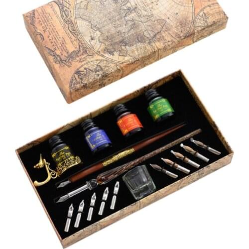 2021 New Vintage Dip Pens Fountain Writing Ink 10 Nibs Pen Holder Gift Box Calligraphy Stationery Office School Supplies