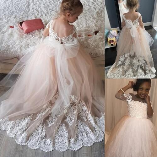 New Flower Girl Dresses with Long Train O-neck with Lace Wedding Gowns for Kids Birthday Party Girl Dresses