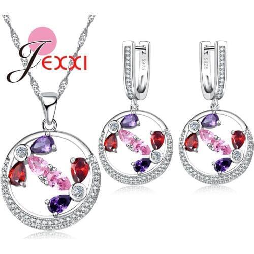 New Trendy Multicolor AAA Cubic Zirconia Jewelry Set Round Pendant Earring And Necklace For Womens Wedding