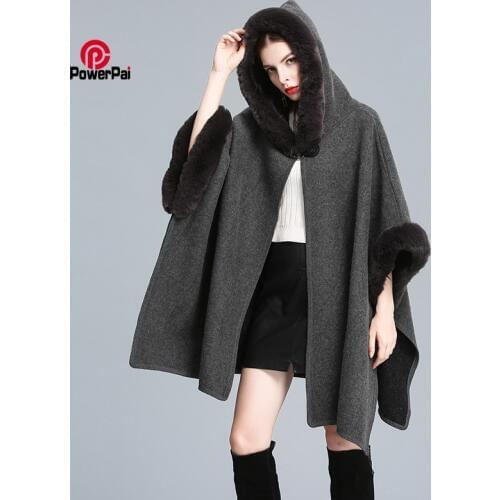 New Fashion Long Rex Rabbit Fur Hooded Cape Cloak Overcoat Wool Cashmere Shawl Pashmina Women Autumn Winter Loose Fur Coat