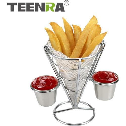 TEENRA Stainless Steel French Fry Stand Cone Double Sauce French Fry Holder Snacks Display Stand Fries Baskets Buffet