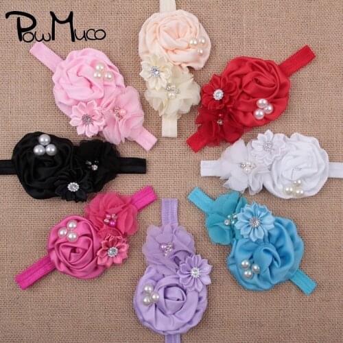 Powmuco Infant Solid Color Satin Flower Elastic Headband Hand Sewn Rhinestone Beads Floral Hairband Kids Accessories Photo Props