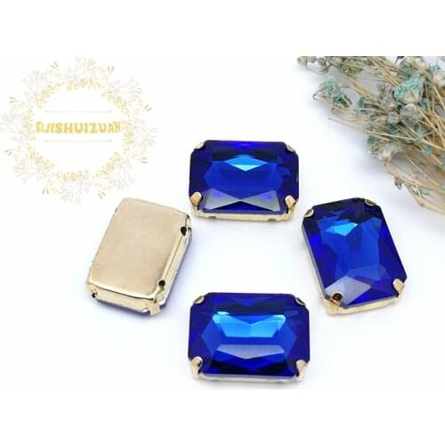 Sapphire blue Rectangle shape Glass Crystal sew on rhinestones with FOUR gold claw Diy wedding dress accessories Free shipping