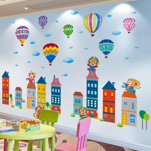 [SHIJUEHEZI] Monkey Castle Wall Stickers Cartoon Colorful Balloons Mural Decals for Baby Room Kids Bedroom Home Decoration