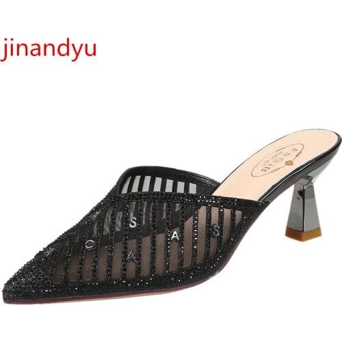 Bling Bling Woman Slippers High Heels Sandals Women Fashion Sexy Pointed Toe Gold Black Heels Slides Summer Party Slippers